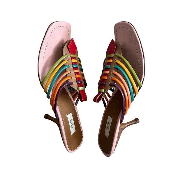 Prada Vera Cuoio Rainbow Strapped Kitten Heel Sandals - Picture 4 of 9
